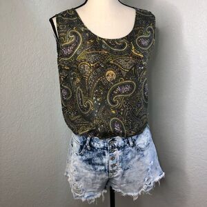 Olive 100% Silk Paisley Sleeveless Top Sz S